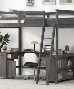 Full Size Loft Bed with U-Shaped Desk and Storage in Antique Brown 2