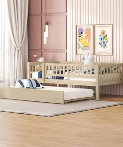 Wooden Twin Size Daybed Frame with Trundle and Guardrails for Kids