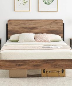 Queen Size Platform Bed Frame with Wooden Headboard and Metal Slats