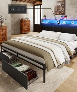 King Bed Frame with 2 Storage Drawers and Charging LED Headboard