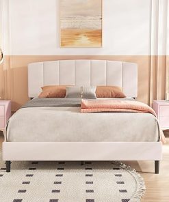 Beige Upholstered Queen Bed Frame with Headboard Easy Assembly