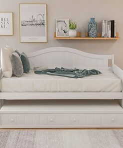 Mera Wood Twin Daybed Frame with Trundle No Box Spring White 2
