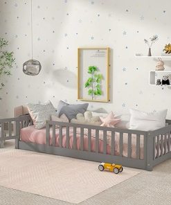 Twin Floor Bed with Fence Door Solid Wood Kids Montessori Bed Frame