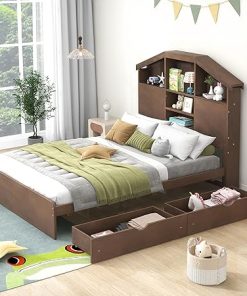 Merax Full Size Bed Frame with House-Shaped Storage and 2 Drawers