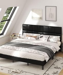 King Size Tufted Platform Bed Frame with Leather Headboard Easy Assembly