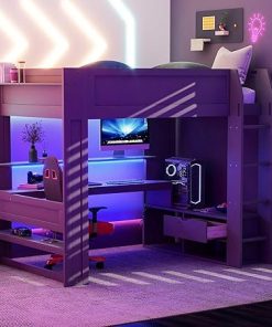 Full Size Loft Bed with Stairs Desk and Storage Shelves Wood Frame