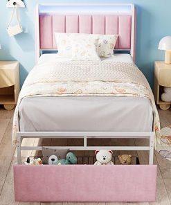 LIKIMIO Twin Bed Frame with Headboard RGB Light Modern Pink Design