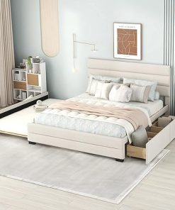 Queen Size Bed Frame with Twin Trundle and Storage Drawers Beige