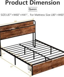 Queen Size Metal Bed Frame with Storage Headboard and Charging Station 2
