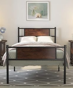 Weehom Twin Bed Frame with Rustic Wood Headboard and Metal Slats