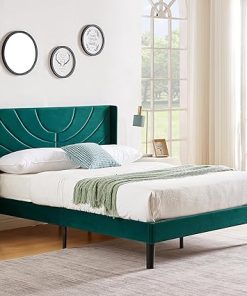 Upholstered Queen Bed Frame with Fabric Headboard and Wooden Slats