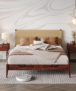 Handcrafted Selina Wood Platform Bed Frame with Unique Headboard Queen 2