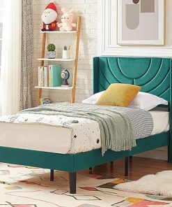 VECELO Twin Size Upholstered Bed Frame with Fabric Headboard Dark Green