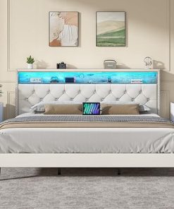 King Bed Frame with LED Lights and Storage Headboard, White Velvet King Bed Frame with LED Lights and Storage Headboard, White Velvet