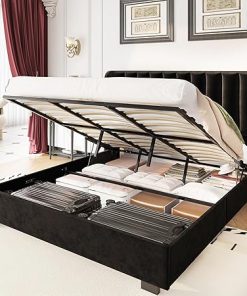 Queen Size Lift Up Storage Bed Frame with Velvet Wingback Design
