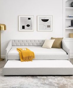 Upholstered Full Size Daybed with Trundle and Slat Support Beige