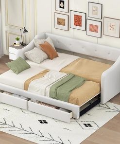 Twin XL to King Upholstered Daybed Frame with Storage Drawers Beige