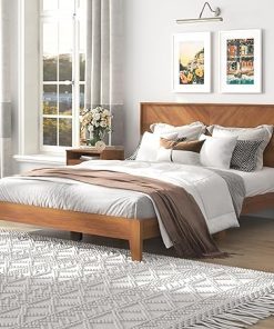 Galano Weiss Clara Wood Platform Queen Bed Frame with Headboard, Fit 60” x 80” Mattress Foundation with Wood Slat Support, No Box Spring Needed, 64.5″ L x 85.5″ W x 40.3″ H, Amber Walnut