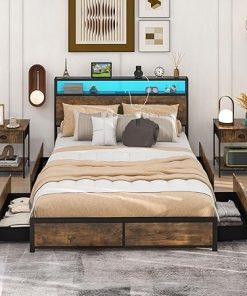 KOMFOTT Industrial Queen LED Bed Frame with Storage Drawers and Charging