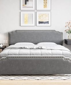 GAOMON King Size Velvet Upholstered Platform Bed Frame in Grey