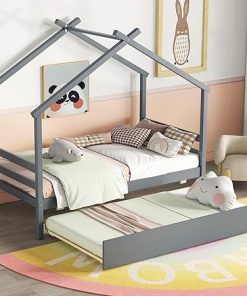 Wooden Twin Bed Frame with Trundle for Kids, House-Shaped Design 2