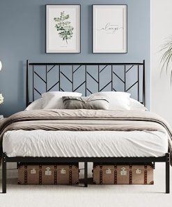 Queen Size Metal Platform Bed Frame with Headboard and Storage