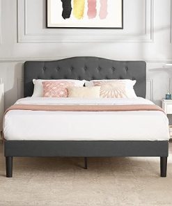 Classic Upholstered Platform Bed with Diamond Stitched Headboard Full Grey