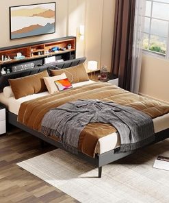 Full Bed Frame with Bookcase Headboard and USB Charging Station