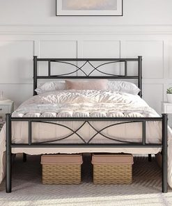 Metal Twin Bed Frame with Curved Headboard, 13 Inches Storage, Black