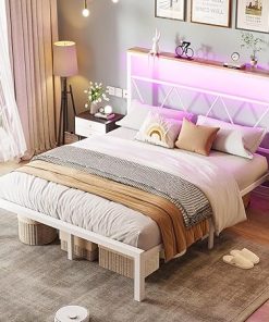Queen Size Metal Bed Frame with LED Light and Shelf Headboard White 2