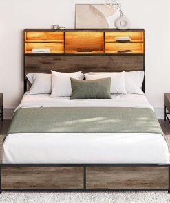 Full Size Belleze Bed Frame with Storage Bookcase and LED Light
