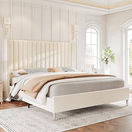 Queen Size Tufted Bed Frame with Velvet Headboard Easy Assembly Cream Queen Size Tufted Bed Frame with Velvet Headboard Easy Assembly Cream