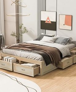 Queen Size Wood Bed Frame with Storage Drawers No Box Spring Needed