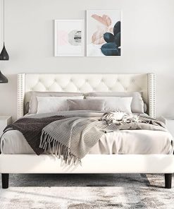 Queen Size Wingback Bed Frame Upholstered in Beige Velvet Easy Assembly