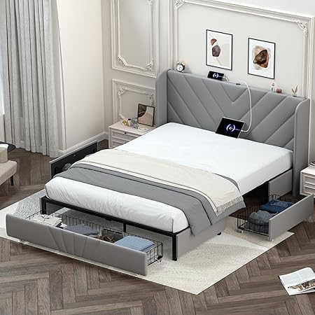 LUCKLIFE Upholstered Metal Bed Frame with Storage Drawers and USB Ports LUCKLIFE Upholstered Metal Bed Frame with Storage Drawers and USB Ports