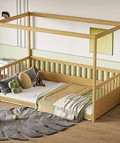 Montessori Twin Size Pine Floor Bed Frame with Canopy Design
