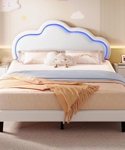 Queen Size Bed Frame with PU Leather Headboard Easy Assembly White