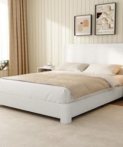 Twin Size Boucle Bed Frame in Soft Teddy Fabric with Adjustable Headboard