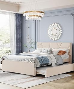 Queen Size Upholstered Platform Bed with Twin XL Size Trundle & 2 Drawers,Linen Fabric Tufted Bed Frame W/Brick Pattern Headboard and Wood Slats Support for Bedroom,Apartment,Beige