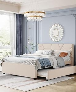 Queen Bed Frame with Brick Headboard and 2 Drawers in Beige