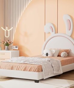 Dolonm Twin Size Rabbit Headboard Leather Bed Frame for Kids