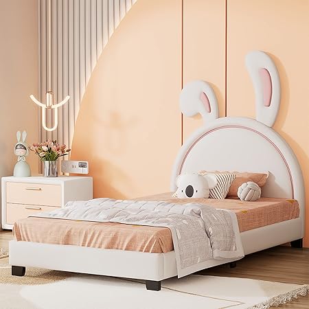 Kids Twin Upholstered Bed with Rabbit Ears Headboard for All Ages 2 Kids Twin Upholstered Bed with Rabbit Ears Headboard for All Ages - Image 2