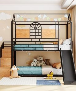 Harper Bright Twin Over Twin Bunk Bed with Slide and Storage Black