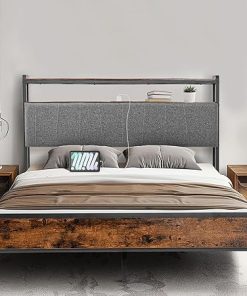 Full Size Bed Frame with Headboard and Storage, Metal Platform Frame