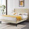 VECELO Full Size Upholstered Bed Frame with Fabric Headboard Beige