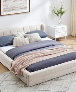 KEIKI Queen Chenille Bed Frame with Upholstered Tufted Headboard