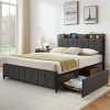 Queen Size Bed Frame with Storage Drawers and Charging Station Gray
