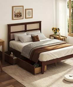 Boho Full Bed Frame with Rattan Headboard and 2 Storage Drawers