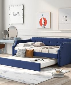Twin Size Daybed with Trundle Linen Upholstered Modern Tufted Blue 2