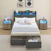 Full Size Bed Frame with Storage Headboard and LED Lights